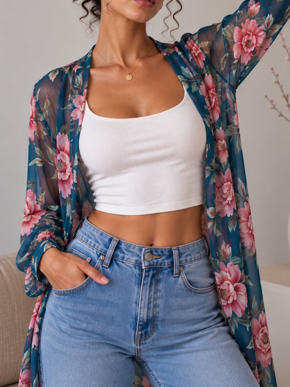 Floral Open-Front Teal Duster Caridgan - Women